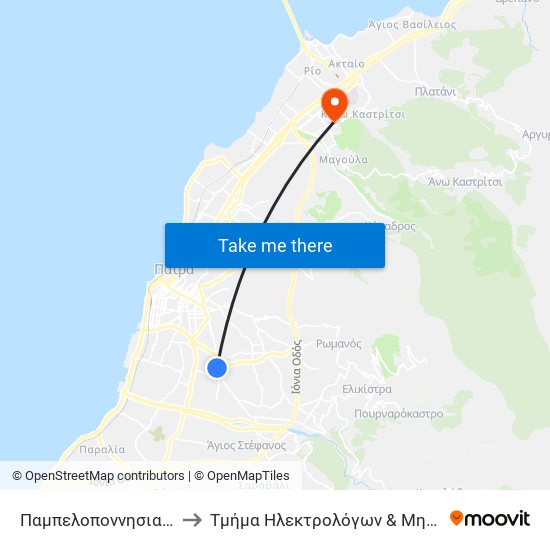 Παμπελοποννησιακό Στάδιο - Pamplopennesian Stadium to Τμήμα Ηλεκτρολόγων & Μηχανικών Υπολογιστών Electrical & Computer Engineering map