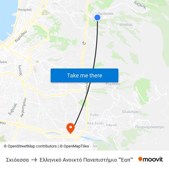 Σκιόεσσα to Ελληνικό Ανοικτό Πανεπιστήμιο ""Εαπ"" map