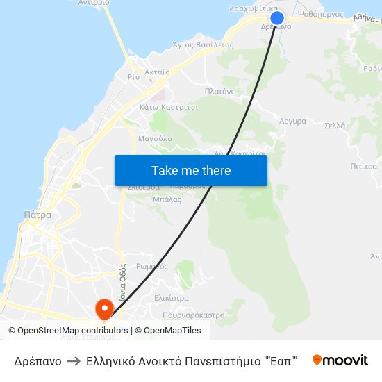 Δρέπανο to Ελληνικό Ανοικτό Πανεπιστήμιο ""Εαπ"" map