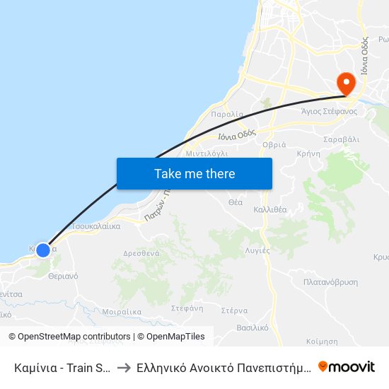 Καμίνια - Train Station to Ελληνικό Ανοικτό Πανεπιστήμιο ""Εαπ"" map