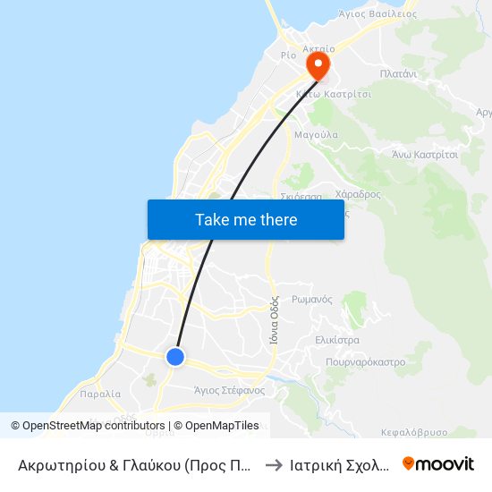 Ακρωτηρίου & Γλαύκου (Προς Πάτρα) - Akrotiriou & Glafkou (Towards Centre) to Ιατρική Σχολή School Of Medicine map