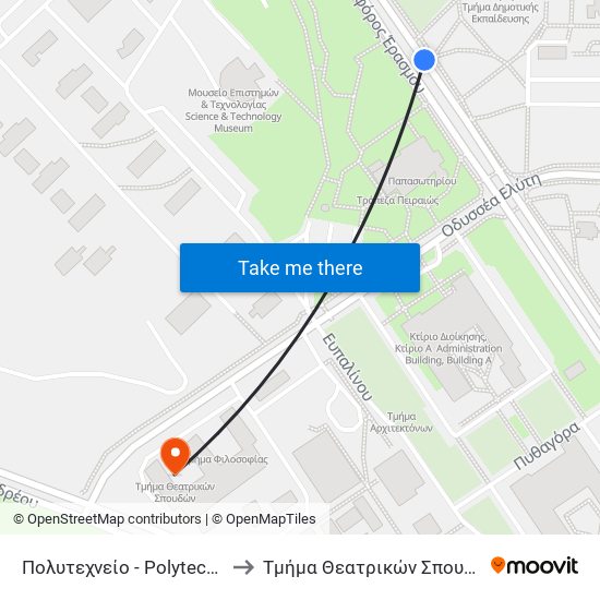 Πολυτεχνείο - Polytechnic to Τμήμα Θεατρικών Σπουδών map