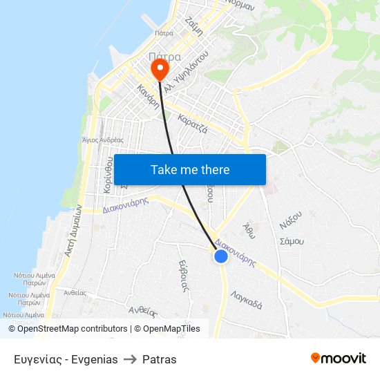 Ευγενίας - Evgenias to Patras map