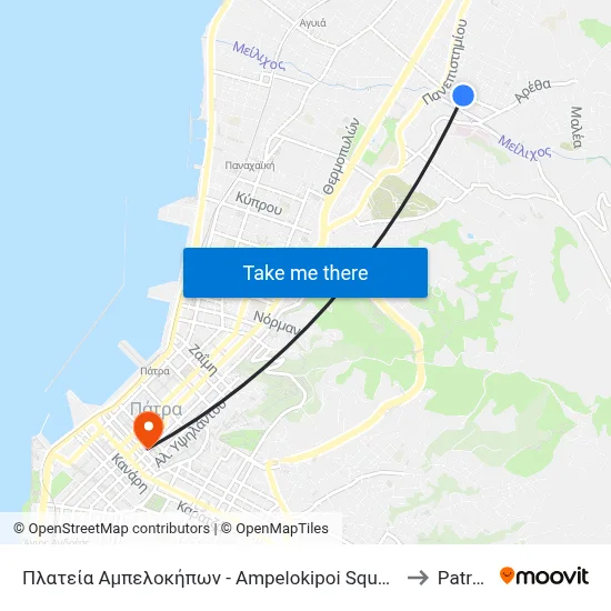 Ampelokipoi Square to Patras map