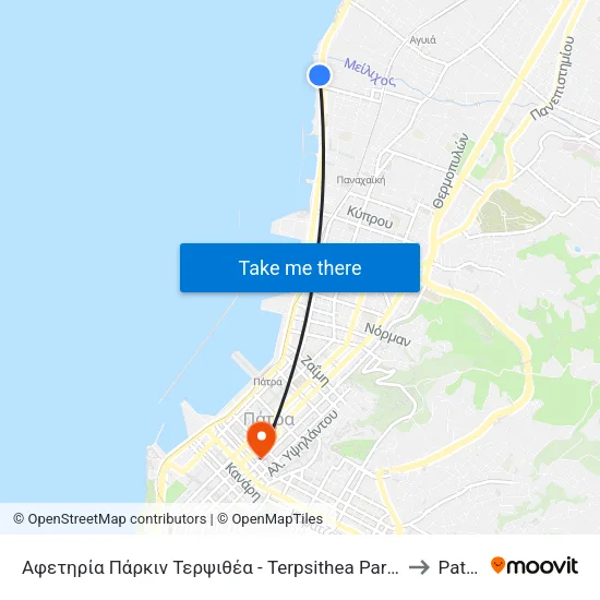 Terpsithea Parking (Start) to Patras map