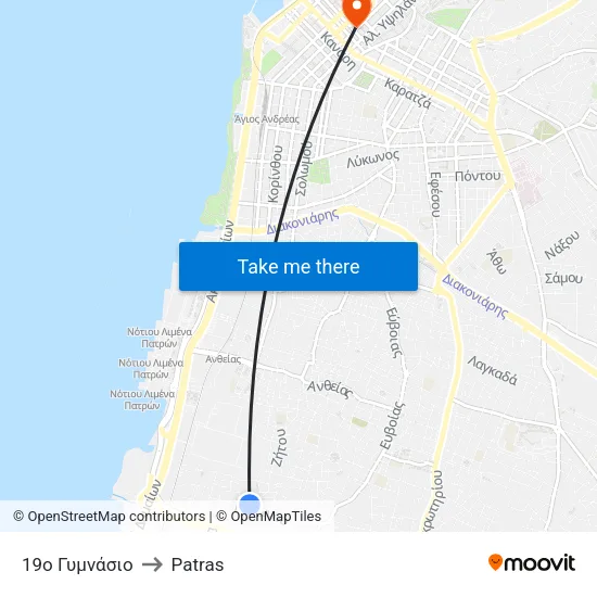 19th Gymnasium to Patras map
