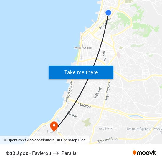 Φαβιέρου - Favierou to Paralía map