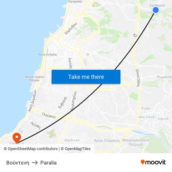 Βούντενη to Paralía map