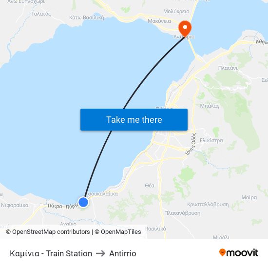 Καμίνια - Train Station to Antirrio map