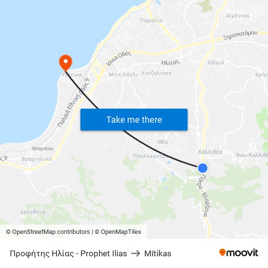 Προφήτης Ηλίας - Prophet Ilias to Mítikas map