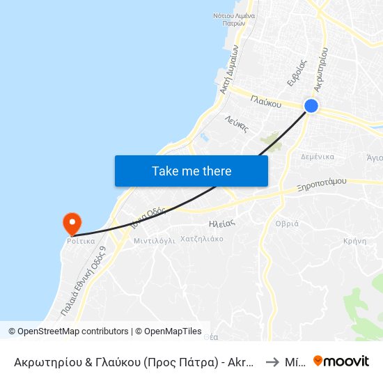 Ακρωτηρίου & Γλαύκου (Προς Πάτρα) - Akrotiriou & Glafkou (Towards Centre) to Mítikas map