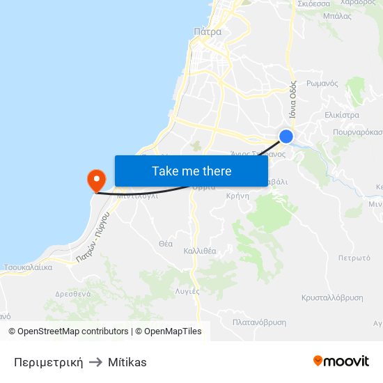 Περιμετρική to Mítikas map