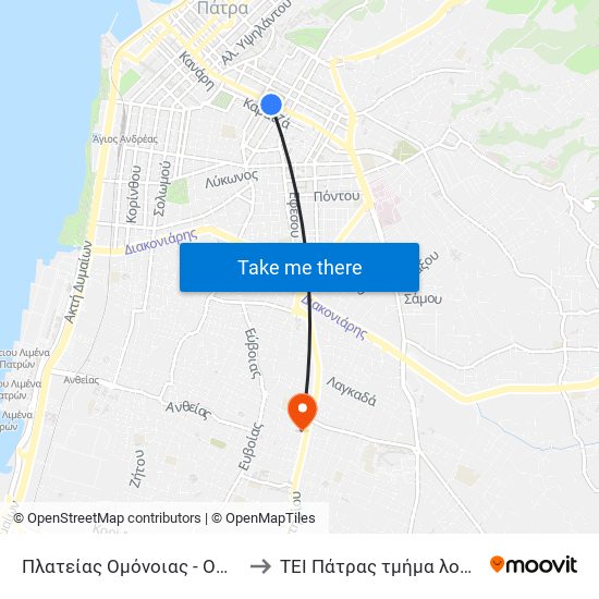 Πλατείας Ομόνοιας - Omonoia Square to ΤΕΙ Πάτρας τμήμα λογοθεραπείας map