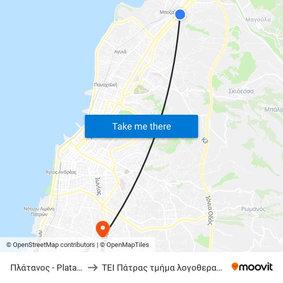 Πλάτανος - Platanos to ΤΕΙ Πάτρας τμήμα λογοθεραπείας map