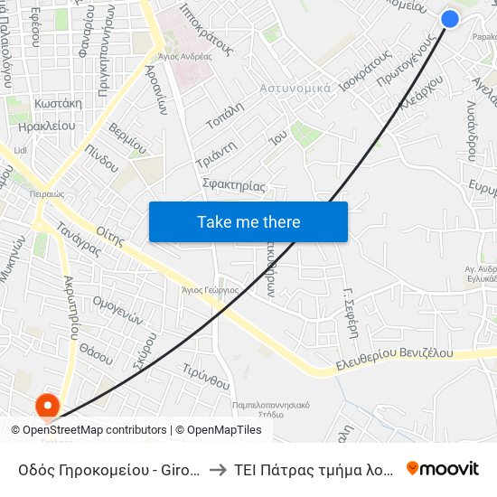 Οδός Γηροκομείου - Girokomeiou Road to ΤΕΙ Πάτρας τμήμα λογοθεραπείας map