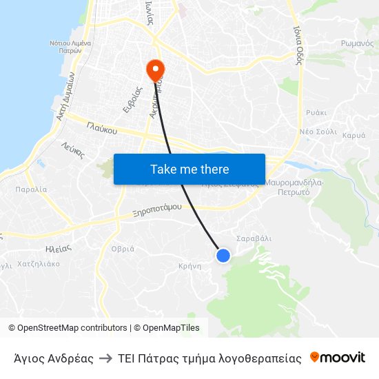 Άγιος Ανδρέας to ΤΕΙ Πάτρας τμήμα λογοθεραπείας map