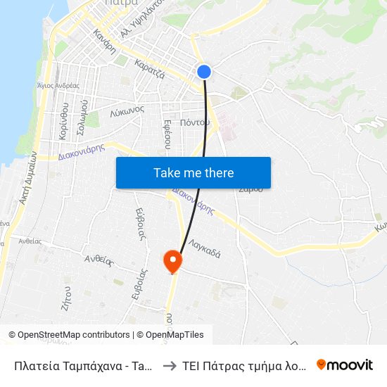 Πλατεία Ταμπάχανα - Tabahana Square to ΤΕΙ Πάτρας τμήμα λογοθεραπείας map