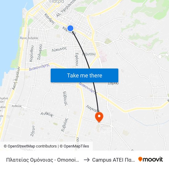 Πλατείας Ομόνοιας - Omonoia Square to Campus ATEI Πατρων map