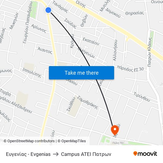 Ευγενίας - Evgenias to Campus ATEI Πατρων map