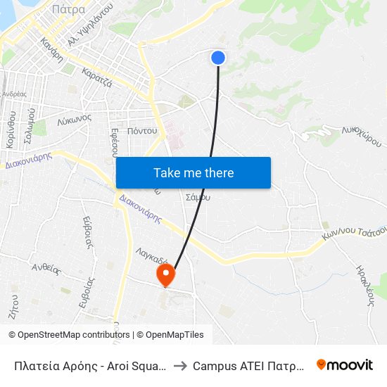 Πλατεία Αρόης - Aroi Square to Campus ATEI Πατρων map