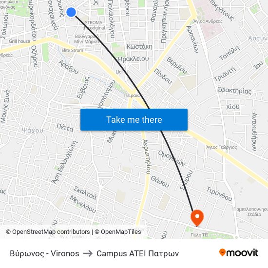 Βύρωνος - Vironos to Campus ATEI Πατρων map