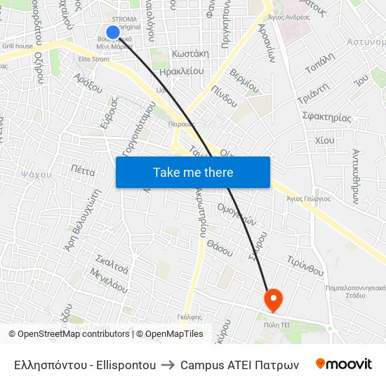 Ελλησπόντου - Ellispontou to Campus ATEI Πατρων map