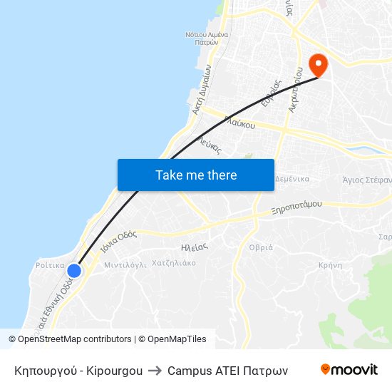 Κηπουργού - Kipourgou to Campus ATEI Πατρων map