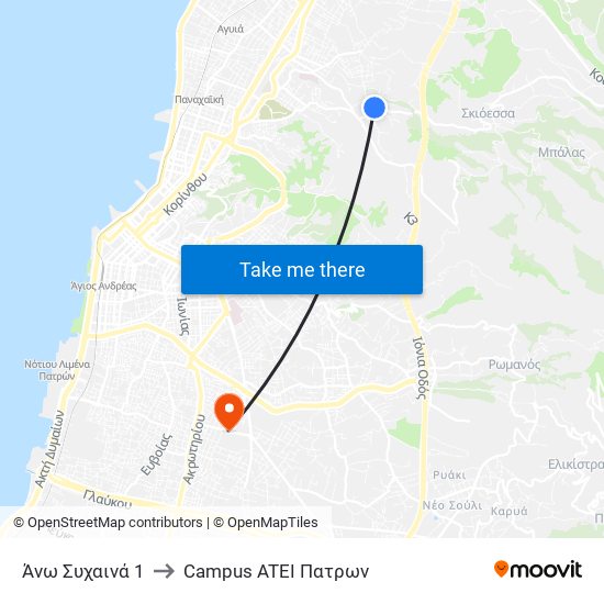 Άνω Συχαινά 1 to Campus ATEI Πατρων map