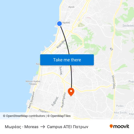 Μωρέας - Moreas to Campus ATEI Πατρων map