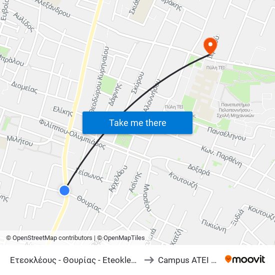 Ετεοκλέους - Θουρίας - Eteokleous - Thourias to Campus ATEI Πατρων map
