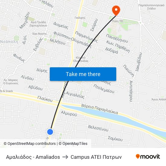 Αμαλιάδος - Amaliados to Campus ATEI Πατρων map