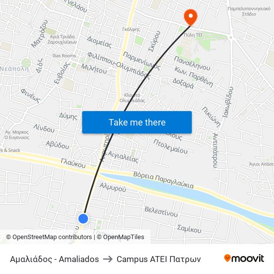 Αμαλιάδος - Amaliados to Campus ATEI Πατρων map