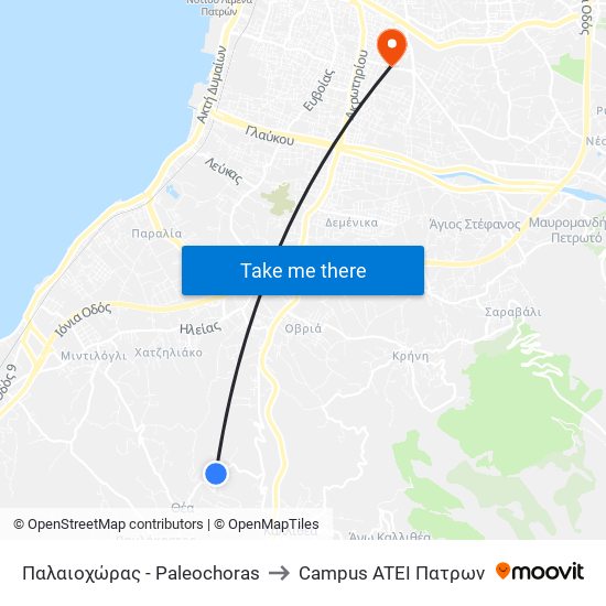 Παλαιοχώρας - Paleochoras to Campus ATEI Πατρων map