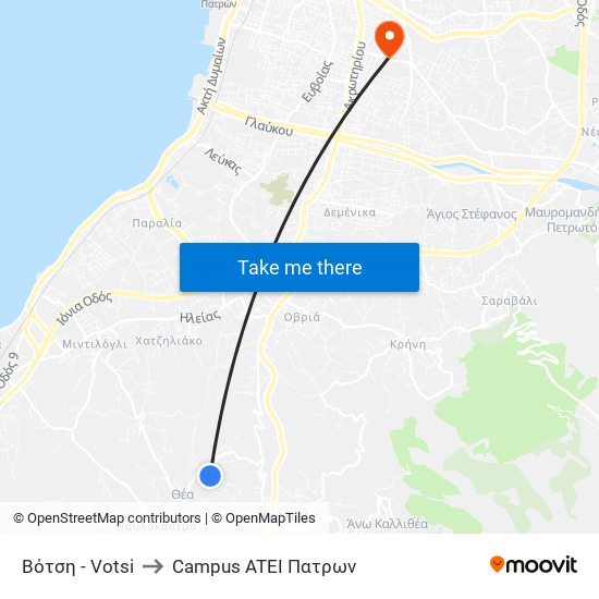 Βότση - Votsi to Campus ATEI Πατρων map