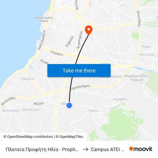 Πλατεία Προφήτη Ηλία - Prophet Ilias Square to Campus ATEI Πατρων map