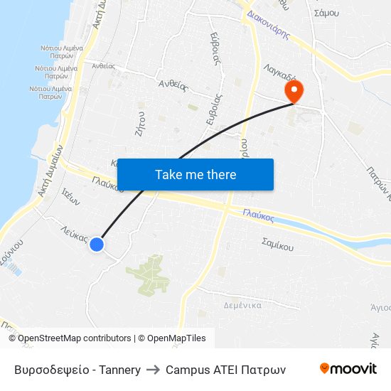 Βυρσοδεψείο - Tannery to Campus ATEI Πατρων map