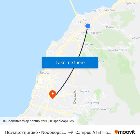 Πανεπιστημιακό - Νοσοκομείο Ρίου to Campus ATEI Πατρων map