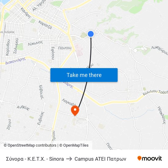 Σύνορα - Κ.Ε.Τ.Χ. - Sinora to Campus ATEI Πατρων map