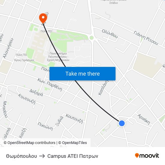 Θωμόπουλου to Campus ATEI Πατρων map