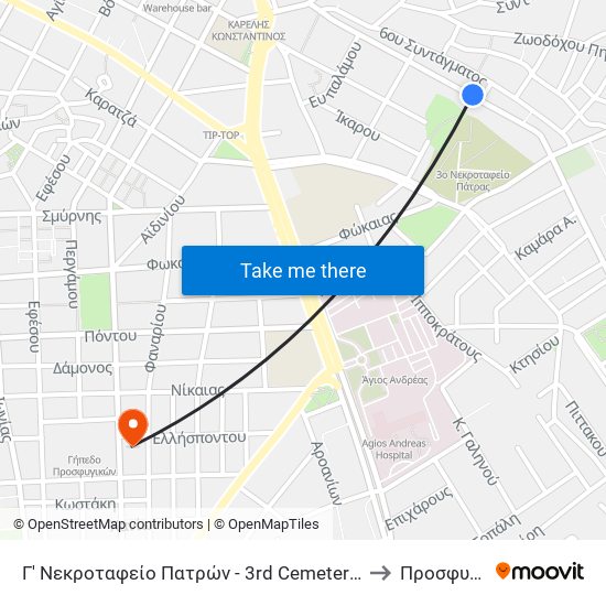 Γ' Νεκροταφείο Πατρών - 3rd Cemetery Of Patras to Προσφυγικά map