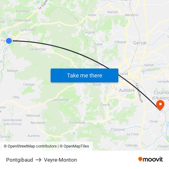 Pontgibaud to Veyre-Monton map