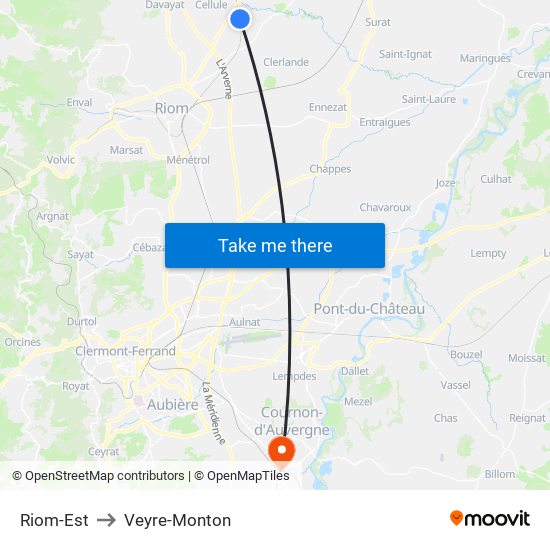 Riom-Est to Veyre-Monton map