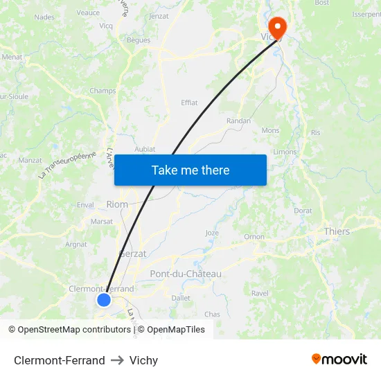 Clermont-Ferrand to Vichy map