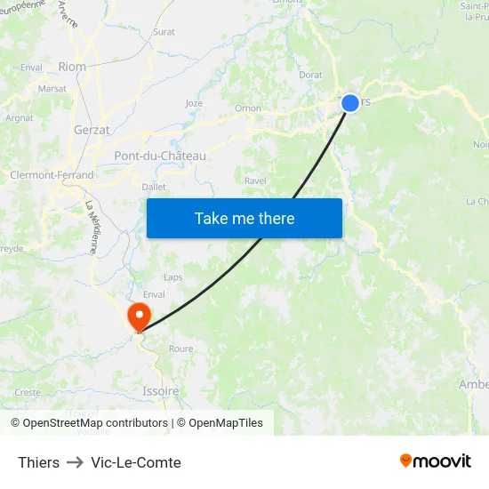 Thiers to Vic-Le-Comte map