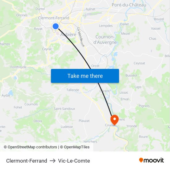 Clermont-Ferrand to Vic-Le-Comte map