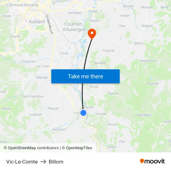 Vic-Le-Comte to Billom map