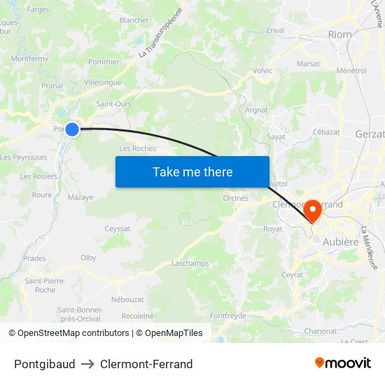 Pontgibaud to Clermont-Ferrand map