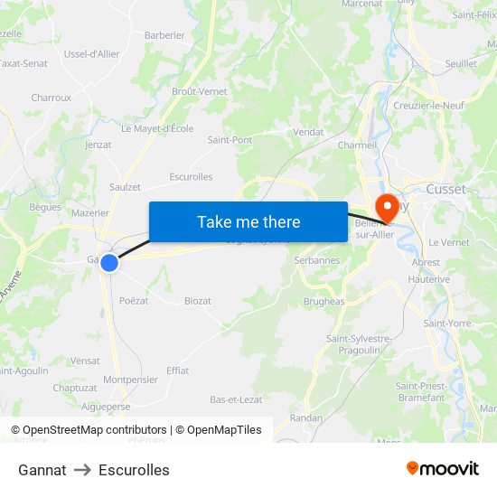 Gannat to Escurolles map