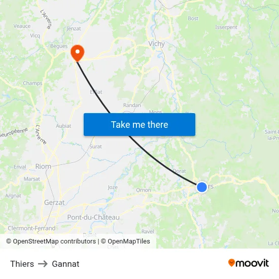 Thiers to Gannat map
