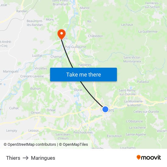 Thiers to Maringues map